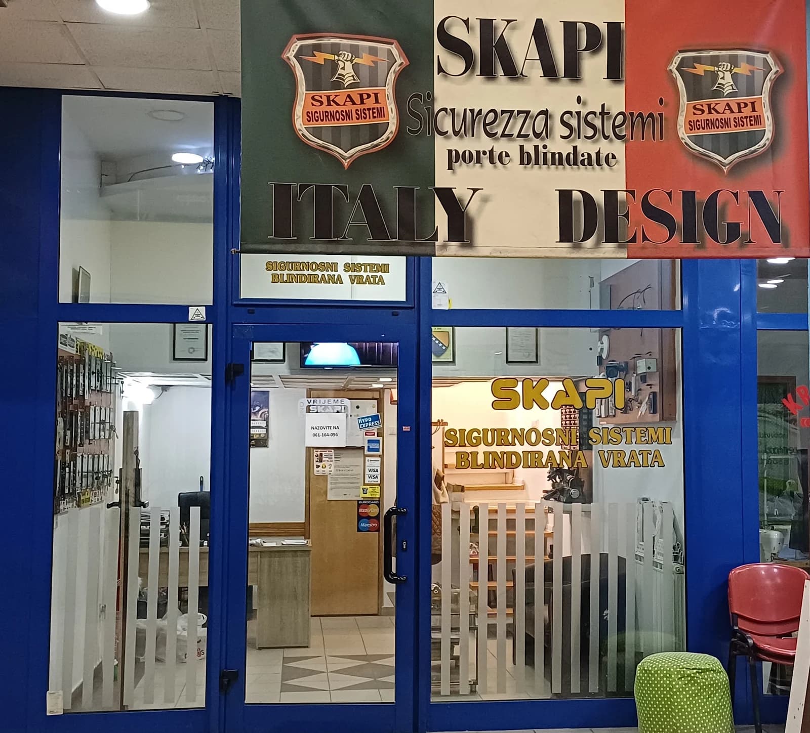 SKAPI premises with the entrance and signage for security systems and security doors
